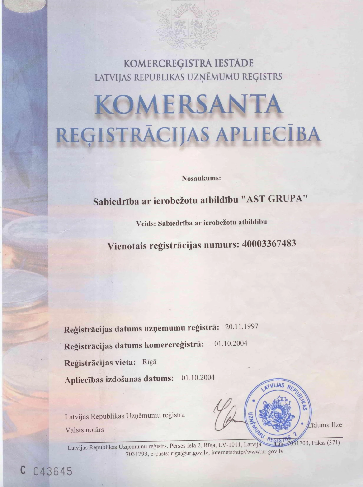Registration certificate