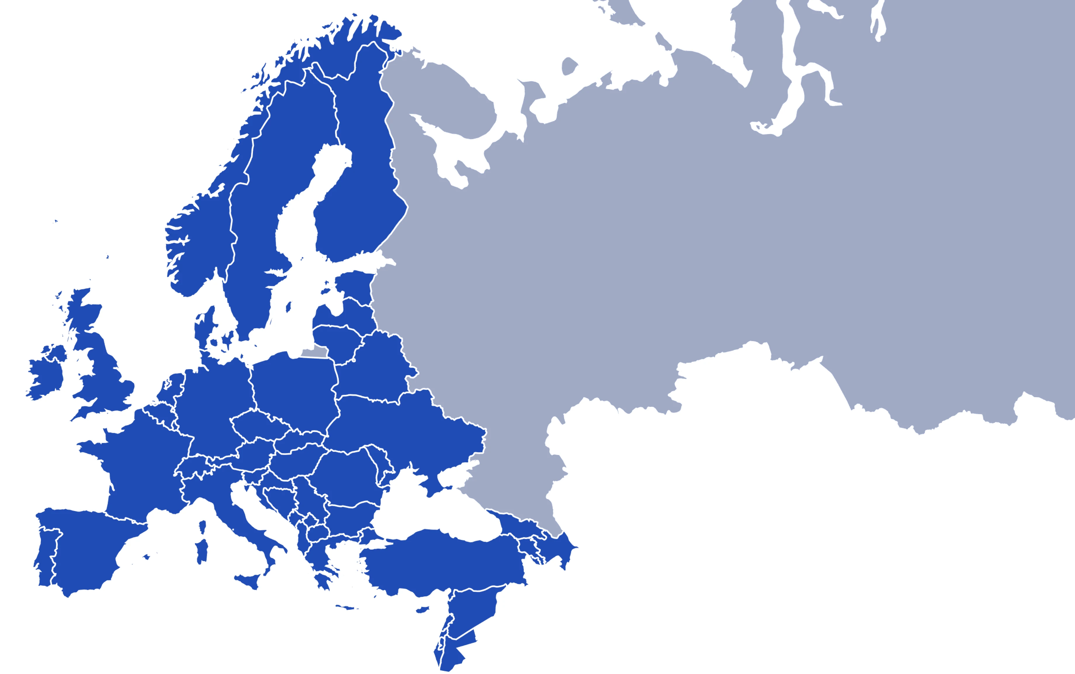 Blue map of European transport coverage